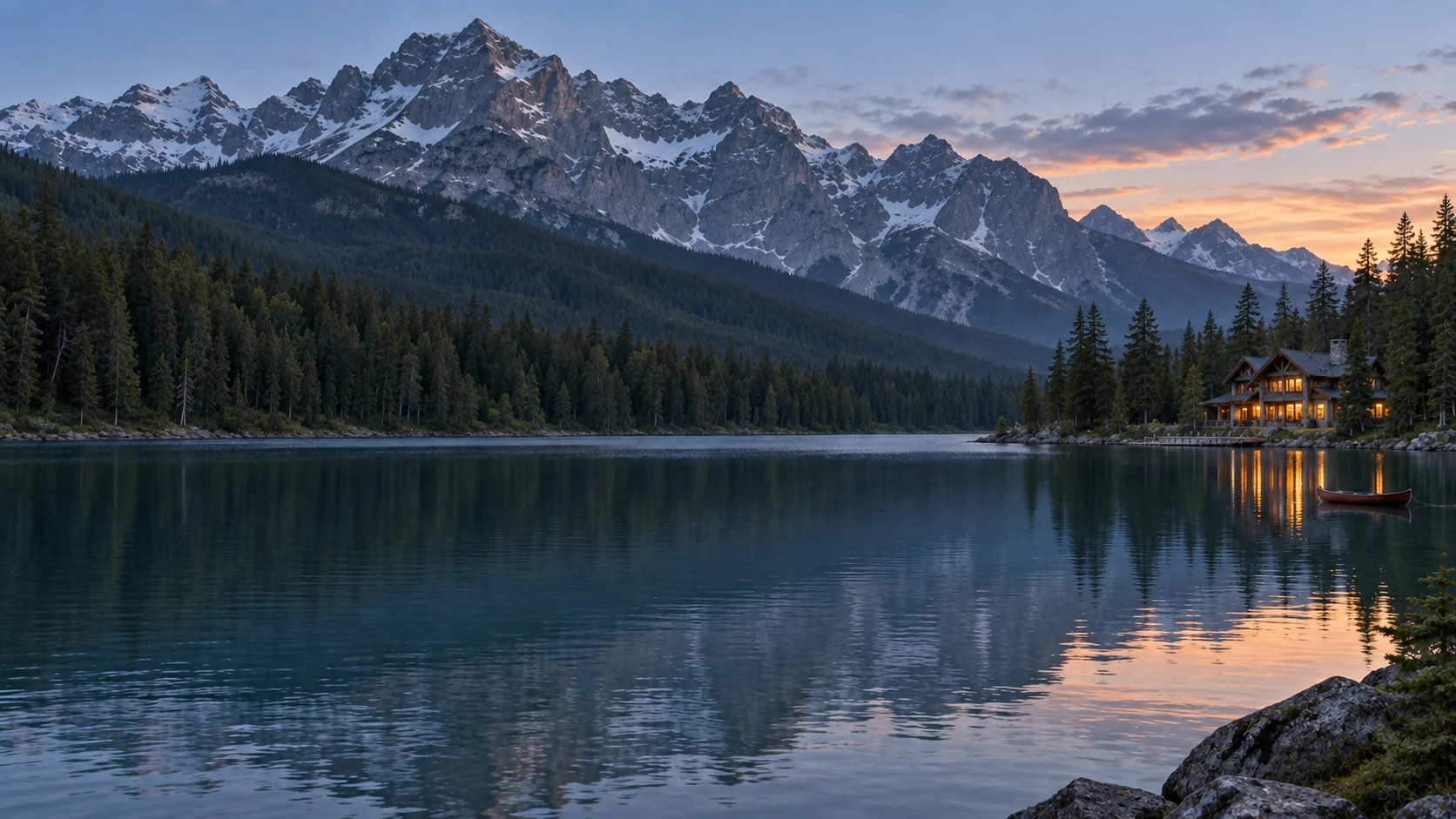 A quiet alpine lake below a rugged mountain ridge, with a timber lodge on the shore
