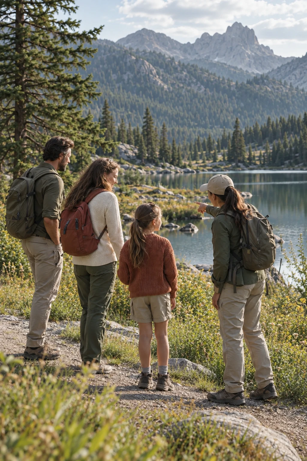 A family with a guide looking out over an alpine lake