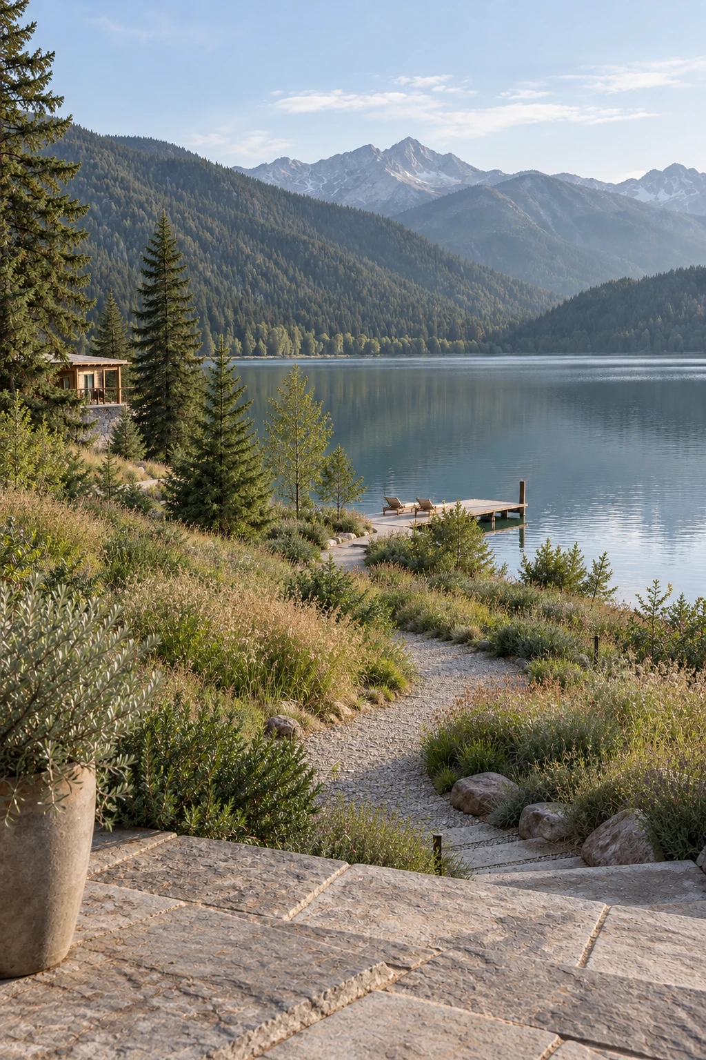 A quiet pathway leading to an alpine lake and resort dock